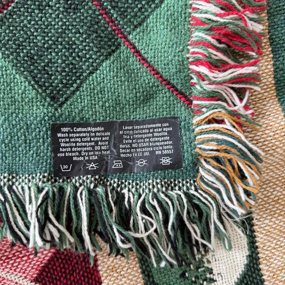 Vintage Golf Woven Cotton Tapestry Throw Blanket Argyle Fringe Made in USA 50x72